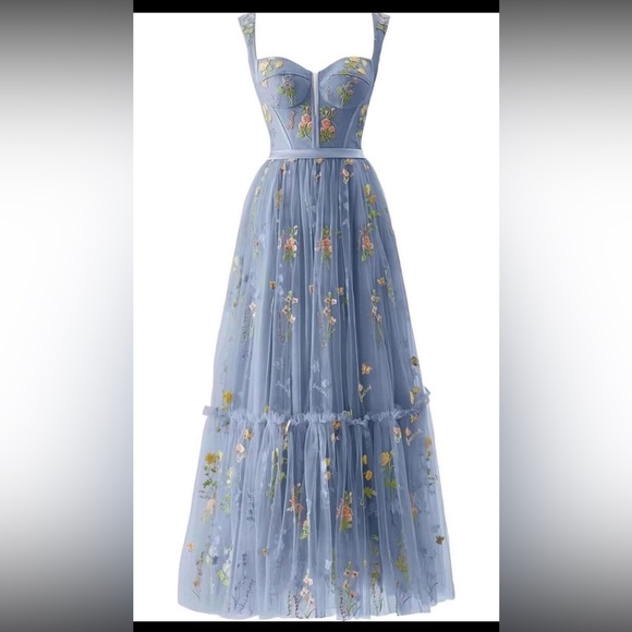 Dresses & Skirts - Floral Embroidered Blue Maxi Dress